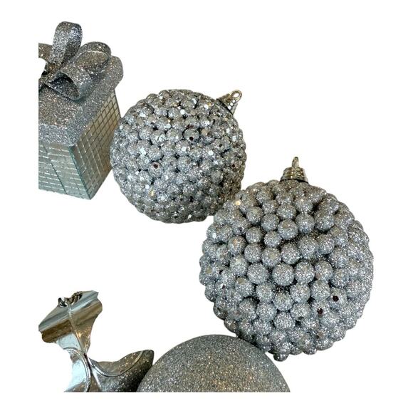 28- Silver Assorted Shatterproof Ornaments 1.5”-4” Shiny Glittery See Pic EUC - Picture 7 of 12
